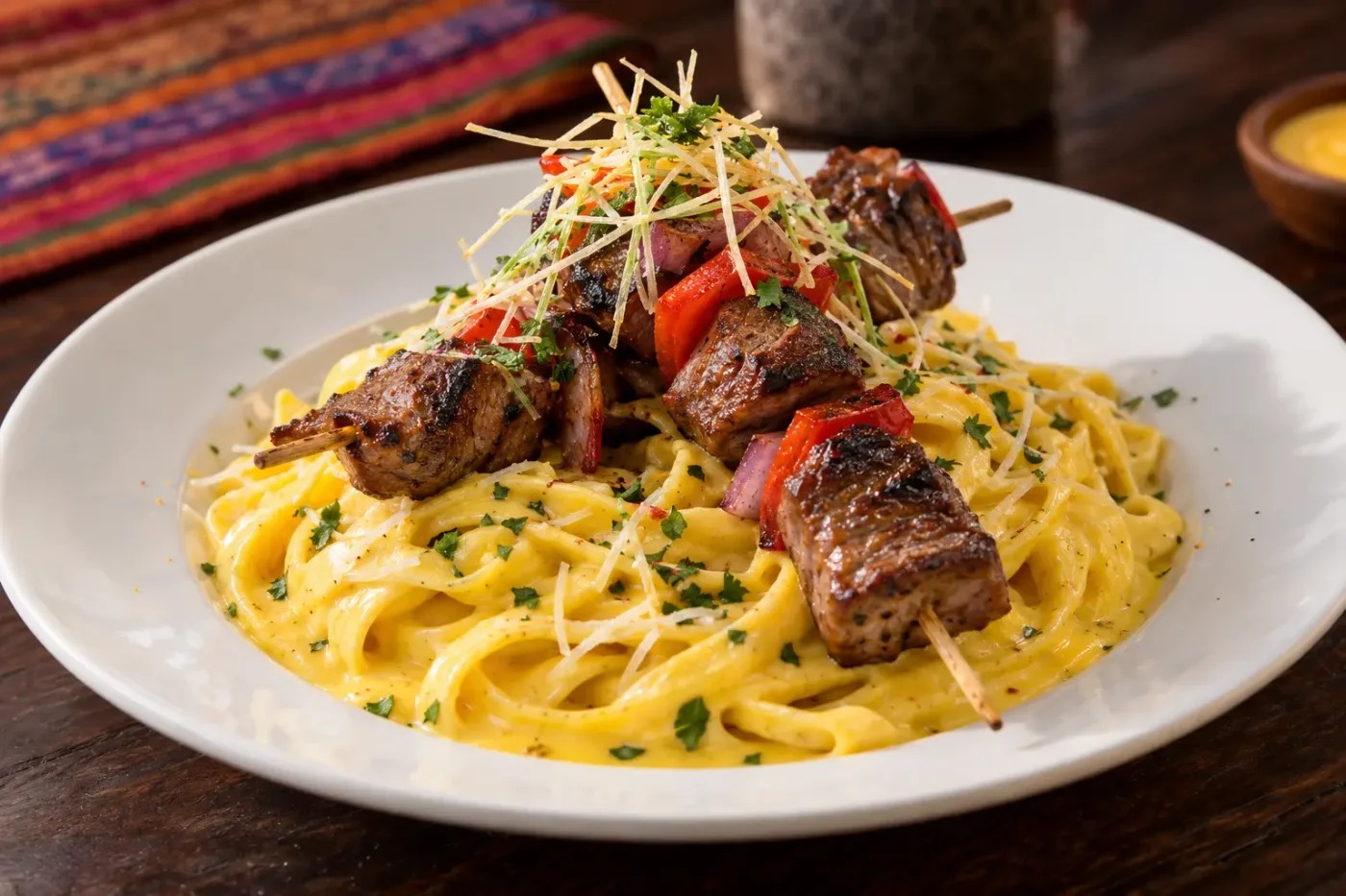 Fettuccine a la huancaína con brocheta de alpaca